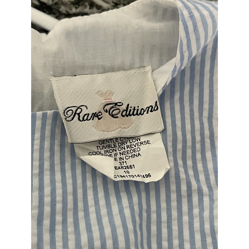 Rare Editions Dress Girls 10 Blue White Striped Seersucker Floral Bow Tie Waist - Picture 3 of 5